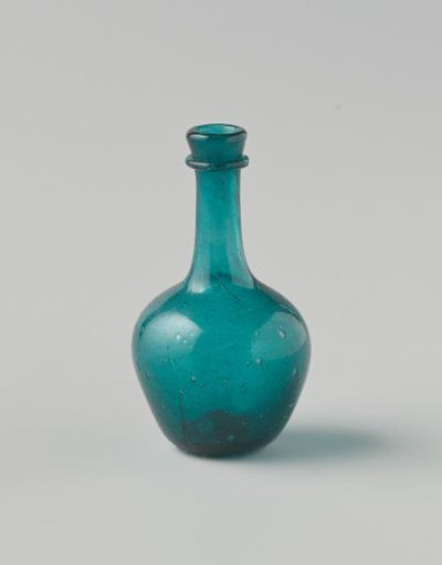 Bottle of clear azure blue glass; body with impressed eyes, high neck with drip ring.