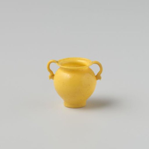Pot of opaque yellow glass (probably imitation yellow earthenware), round model with two applied handles