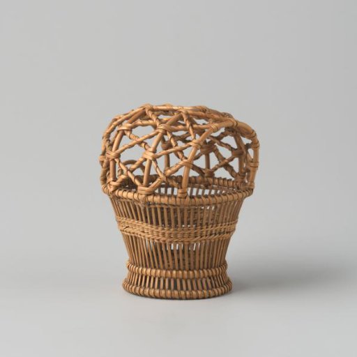 Fire basket of round and split willow twigs, fine wickerwork; open round basket with a handle and open arched lid.