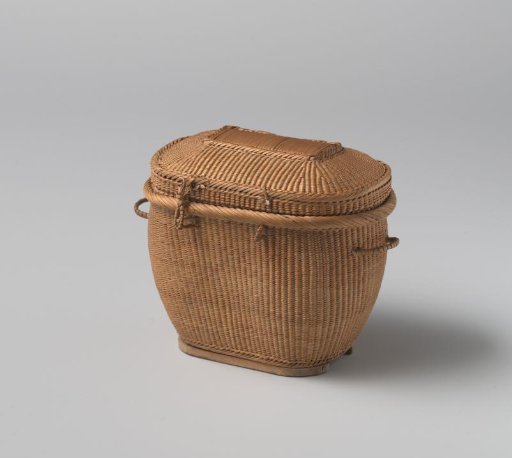 Oval lidded basket of split willow twigs
