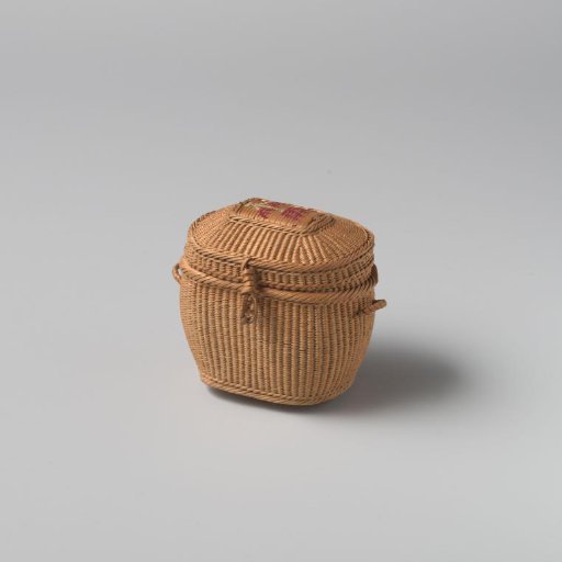Oval lidded basket of split willow twigs