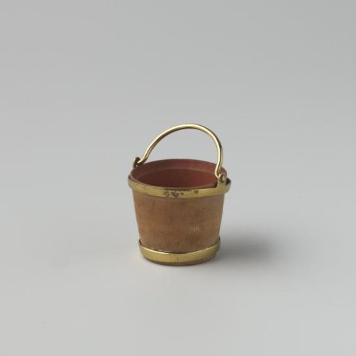 Wooden bucket with copper hoops at top and bottom, handle attached to the upper hoop