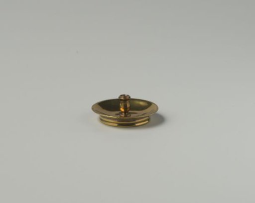 Round taper stand of brass; screw-off candlestick with hole (square nut on underside), in a round hollow bowl with rim, decorated with grooves