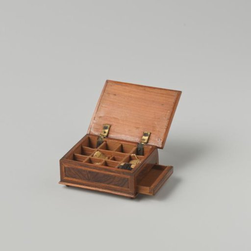 Spool Box of Cedarwood, Entirely Veneered with Marquetry of Olive and Walnut Wood, Star Pattern on the Lid; Rectangular Box on Four Ball Feet with a Drawer at the Bottom