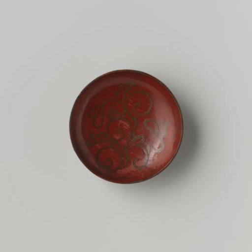 Round Dish, Turned from Wood and Entirely Covered with a Red Lacquer Layer; Decoration of a Floral Scroll in Gold Paint