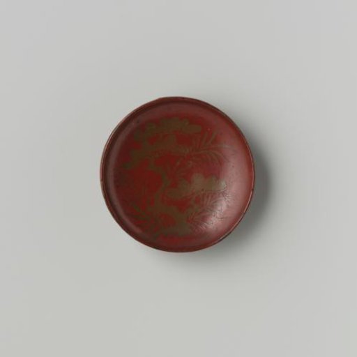 Round Dish, Turned from Wood and Entirely Covered with a Red Lacquer Layer; Decoration of a Floral Scroll in Gold Paint