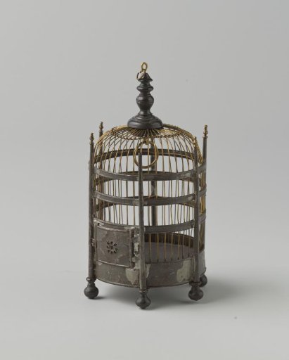 Round Parrot Cage, Made of Tinplate, Copper Wire, and Ebony; Construction Consists of a Wide Iron Ring Band, Above Which Are Three Narrower Bands