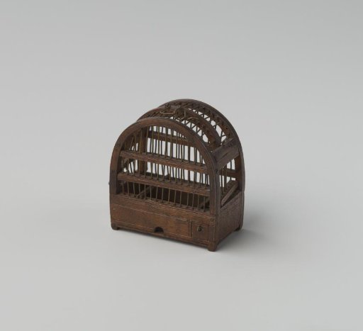 Birdcage, Made of Walnut with Copper Wire Bars, Rectangular Model with a Semi-Circular Dome Lengthwise; Very Detailed Execution with an Upward-Sliding Side Panel