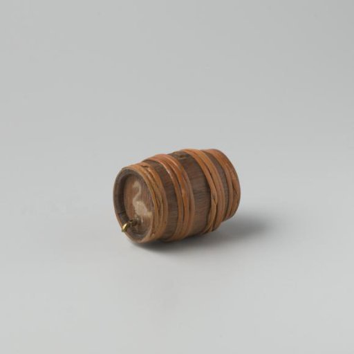 Beer or wine cask, made of oak staves, bound by 4 x 3 rattan hoops, with a swan painted in white paint on the front