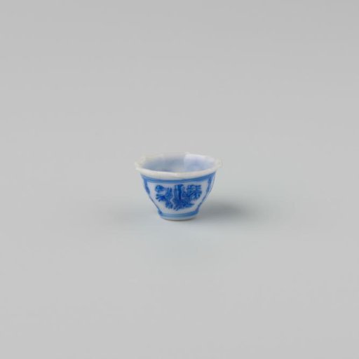 Milk-glass teacup with blue enamel painting, imitation Chinese porcelain with 'flower' decoration in three compartments; model with a pointed rim, barely a foot ring.
