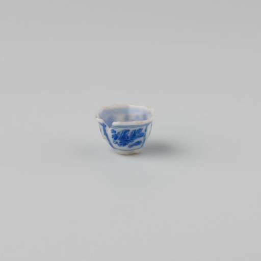 Milk-glass teacup with blue enamel painting, imitation Chinese porcelain with 'flower' decoration in three compartments; model with a pointed rim, barely a foot ring.