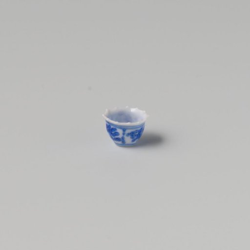 Milk-glass teacup with blue enamel painting, imitation Chinese porcelain with 'flower' decoration in three compartments; model with a pointed rim, barely a foot ring.