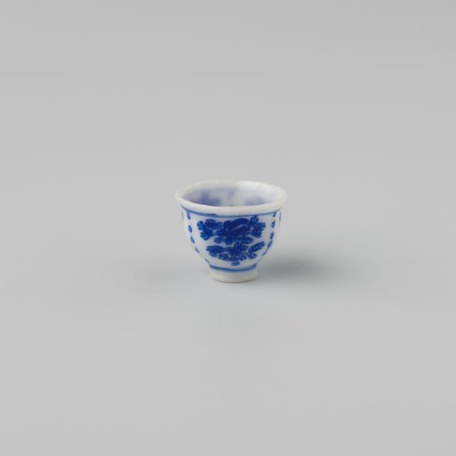 Milk-glass teacup with blue enamel painting, imitation Chinese porcelain with 'flower' decoration in compartments; on a foot ring with a smooth rim.