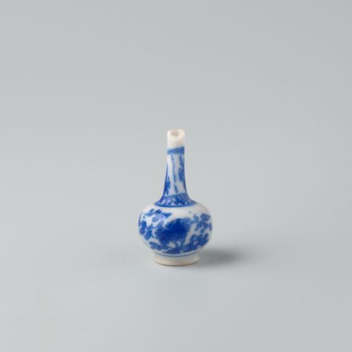 Milk Glass Bottle with Blue Enamel Painting, Imitation Chinese Porcelain; Decoration of Blossom Branches on a Globular Body and Flowers in Two Panels on a Slender Neck