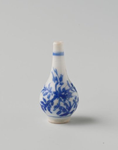 Milk Glass Bottle or Vase with Blue Enamel Painting, Imitation Chinese Porcelain; Pear-Shaped on a Foot Ring with Decoration of Two Large Blossom Branches