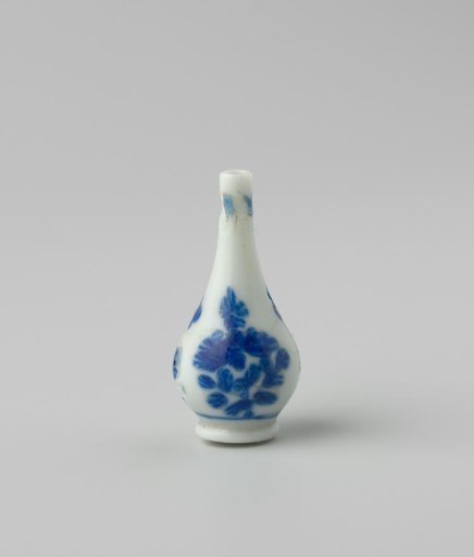 Milk Glass Bottle with Blue Enamel Painting, Imitation Chinese Porcelain; Pear-Shaped on a Foot Ring, Decoration of Flower Tassels
