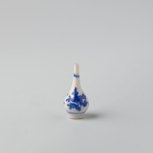 Milk Glass Bottle with Blue Enamel Painting, Imitation Chinese Porcelain; Pear-Shaped on a Foot Ring, Decoration of Flower Tassels