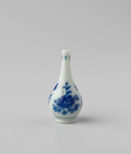 Milk Glass Bottle with Blue Enamel Painting, Imitation Chinese Porcelain; Pear-Shaped on a Foot Ring, Decoration of Flower Tassels