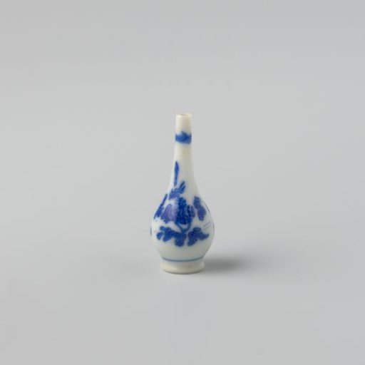 Milk Glass Bottle with Blue Enamel Painting, Imitation Chinese Porcelain; Pear-Shaped on a Foot Ring, Decoration of Flower Tassels