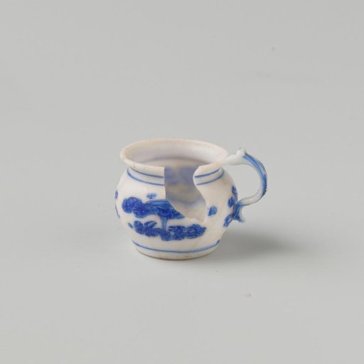Milk Glass Chamber Pot or Po with Blue Enamel Painting, Imitation Chinese Porcelain; Decoration of Flower Motifs, S-Shaped Handle with Thumb Rest