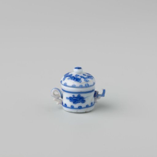 Milk Glass Lidded Pot with Blue Enamel Painting, Imitation Chinese Porcelain; Cylindrical Low Pot with Two Handles, Domed Lid with Knob, Dots and Flower Motifs