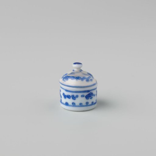 Milk Glass Lidded Pot with Blue Enamel Painting, Imitation Chinese Porcelain; Cylindrical Low Pot with a Domed Lid and Knob, Dots and Flower Motifs
