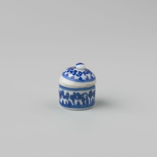 Milk Glass Pot with Lid, Blue Enamel Decoration, Imitation Chinese Porcelain; Cylindrical Low Pot with Domed Lid and Knob, Vines and Volute
