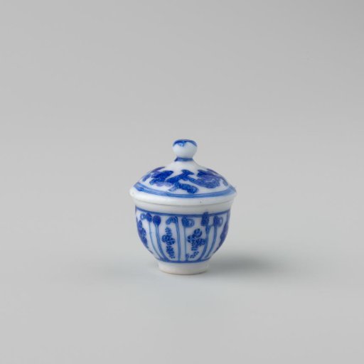 Milk Glass Bowl with Lid, Blue Enamel Decoration, Imitation Chinese Porcelain; Chalice-Shaped Bowl with Floral Motifs Between Vertical Lines, Domed Lid with Knob