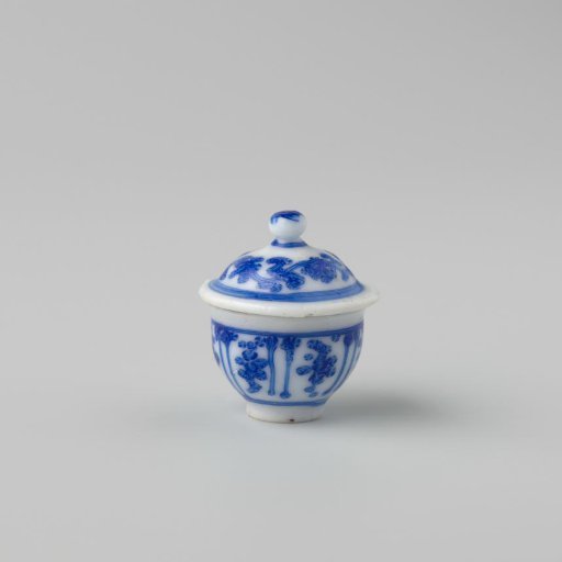 Milk Glass Bowl with Lid, Blue Enamel Decoration, Imitation Chinese Porcelain; Chalice-Shaped Bowl with Floral Motifs Between Vertical Lines, Domed Lid with Knob