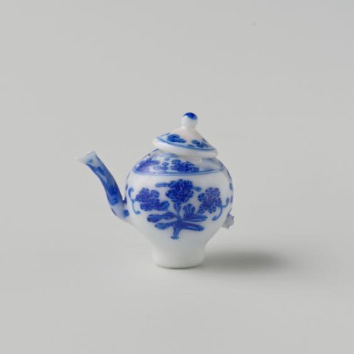 Milk Glass Tea or Coffee Pot with Blue Enamel Decoration, Imitation Chinese Porcelain; Globular Body on High Foot with Spout, Handle (Missing) and Lid