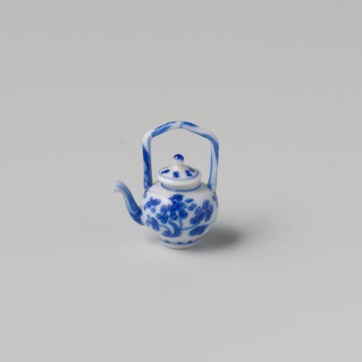 Milk glass teapot or wine jug with blue enamel painting, imitation Chinese porcelain; globular with spout and high fixed handle and loose lid