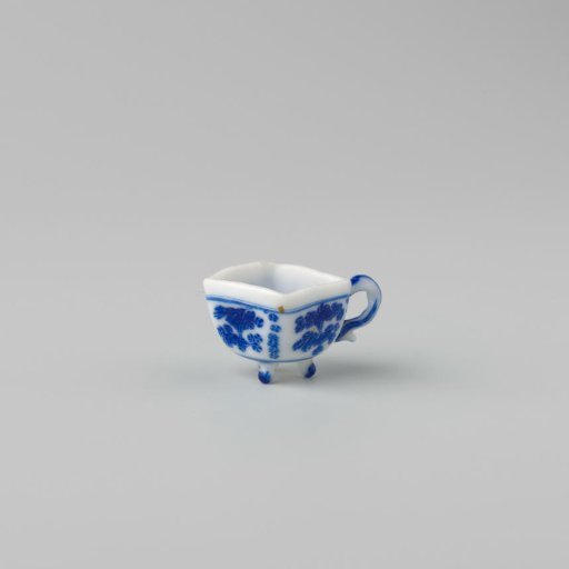 Milk glass fire test with blue enamel painting, imitation Chinese porcelain; square dish on three feet with handle; decoration of floral motifs in four compartments.