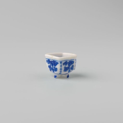 Milk glass fire test with blue enamel painting, imitation Chinese porcelain; square dish on three feet with handle; decoration of floral motifs in four compartments.