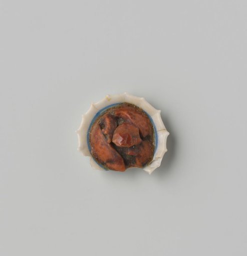 Milk glass dish with blue enamel painting, imitation Chinese porcelain; double-walled dish, the rim pinched into points.