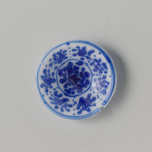 Milk glass dish with blue enamel painting, imitation Chinese porcelain; floral motifs in compartments in Kraak porcelain style; double-walled with smooth rim.