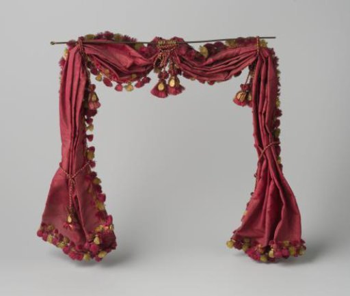 Alcove curtain, made of pink-red moiré silk, trimmed on all sides with passementerie with yellow and red tassels