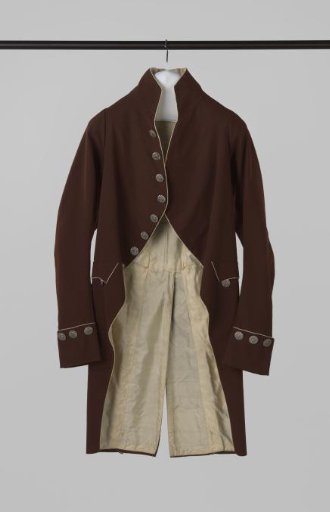 Coat of brown cloth with diagonally cut front panels, long tight sleeves and standing collar