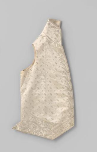 Waistcoat of cream-colored satin with high standing collar, diagonally cut front panels and sewn-on flap pockets, decorated with leaf and flower motifs embroidered in cream-colored silk.