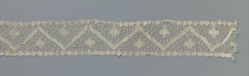 Strip of bobbin lace with four-lobed rosette above and below a zigzag band