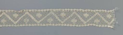 Strip of bobbin lace with four-lobed rosette above and below a zigzag band