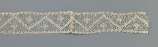 Strip of bobbin lace with four-lobed rosette above and below a zigzag band