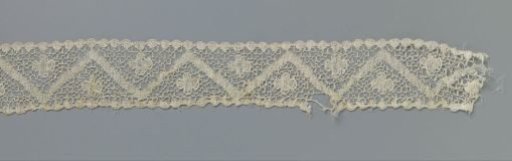 Strip of bobbin lace with four-lobed rosette above and below a zigzag band