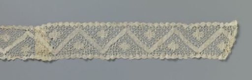 Strip of bobbin lace with four-lobed rosette above and below a zigzag band