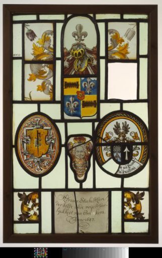 Window with Fragments of Lambrequins, Coats of Arms, and an Inscription "Adriaen Sticke, Lord of the City and Free Lordship of Breskens. Anno 1657"