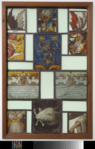 Shield with fragments of a coat of arms with helmet, crest, lambrequins, cartouches with inscriptions and a shield with a sheep's head with bones in its mouth