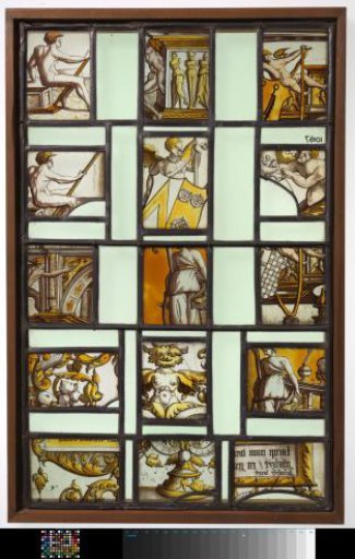 Lozenge with fragments of figures, architecture, inscriptions and ornaments
