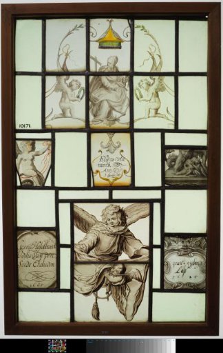 Pane with a woman under a baldachin, three cartouches with inscription and an angel