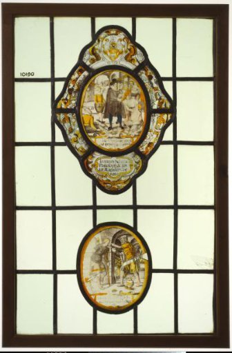 Pane Depicting a Rich Man Distributing Bread and a Man Feeding a Disabled Person, Both with Inscriptions