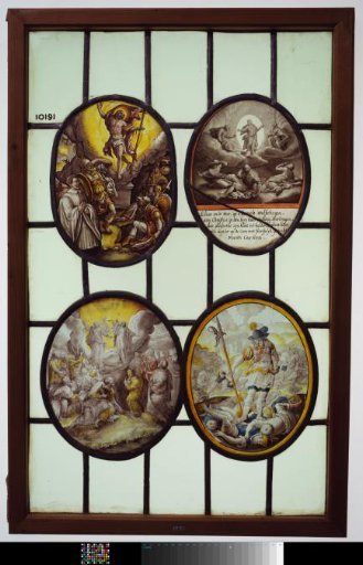 Panel with the Resurrection, Christ on the Clouds, with inscription, angels on the clouds and Joshua Trampling the Kings