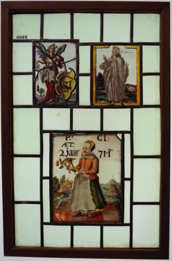 Square with winged female figure, a girl, and Saint John holding a chalice